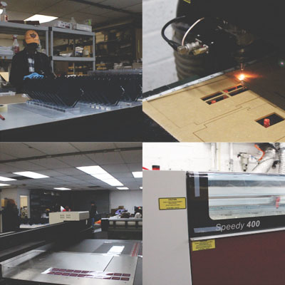 Collage of workers assembling acrylic awards and equipment in US Acrylic Awards facility.